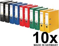 Original Falken 10er Pack PP-Color Kunststoff-Ordner. Made in Germany. 8 cm breit DIN A4 Vegan farbig sortiert zu je 2x schwarz, blau, rot, gelb, grün Aktenordner Briefordner Büroordner