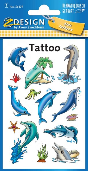 AVERY Zweckform 56439 Tattoo Kinder 13 Stück (Temporäre Tattoos Delfine, Kinder Tattoo wasserfest, Klebetattoos, Kindergeburtstag, Mitgebsel, Partyspiele Preise, Kinder zum Spielen, Kinder Geschenk)