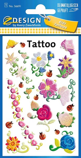 AVERY Zweckform 56691 Tattoo Kinder 20 Stück (Temporäre Tattoos Blumen, Kinder Tattoo wasserfest, Klebetattoos, Kindergeburtstag, Mitgebsel, Partyspiele Preise, Kinder zum Spielen, Tattoo Mädchen)