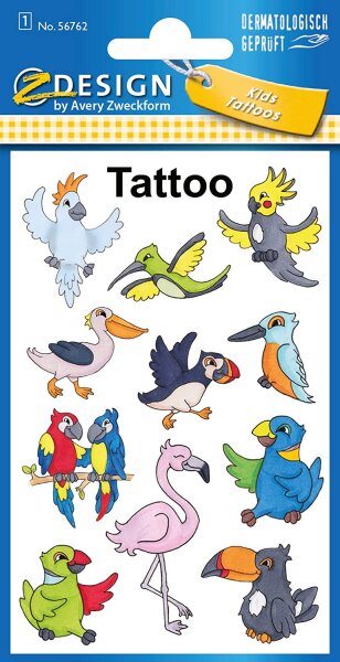 AVERY Zweckform 56762 Kinder Vögel 11 Tattoos (Temporäre Tattoos, wasserfeste Kindertattoos, hautfreundliche Klebetattoos, Aufkleber für Jungen Mädchen Mitgebsel Kindergeburtstag Party)