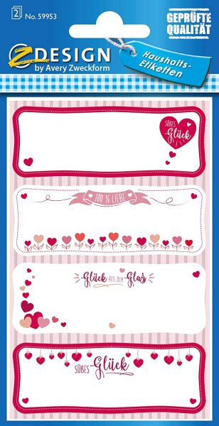 AVERY Zweckform 59953 Haushaltsetiketten selbstklebend 8 Aufkleber Herzen (Marmeladenetiketten zum Beschriften von Selbstgemachten, wiederablösbar) rot rosa weiß