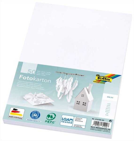 folia 614/50 00 - Fotokarton DIN A4, 300 g/qm, 50 Blatt, weiß - zum Basteln und kreativen Gestalten von Karten, Fensterbildern und für Scrapbooking
