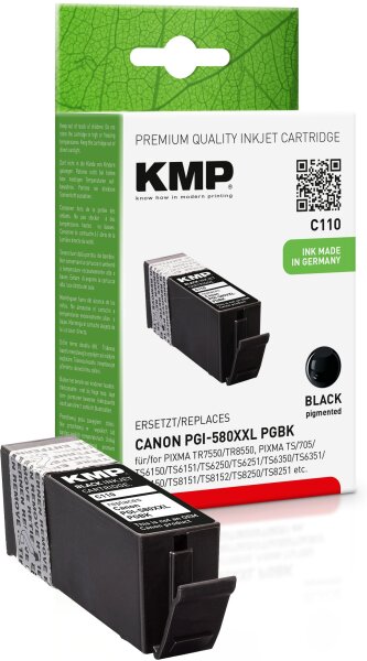 KMP C110 schwarz pigmentiert Tintenpatrone ersetzt Canon PGI-580XXL PGBK (1970C001)