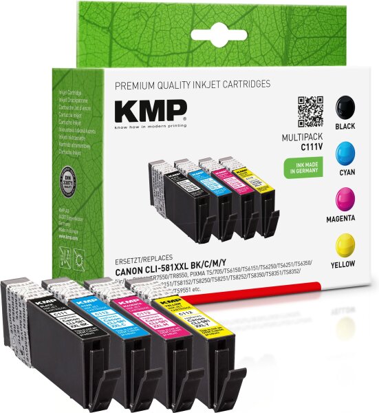KMP Multipack C111V schwarz, cyan, magenta, gelb Tintenpatronen ersetzen Canon CLI-581 XXL BK/CLI-581XXL C/M/Y (1998C005)
