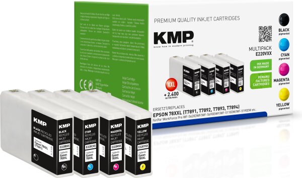 KMP Multipack E220VXX schwarz, cyan, magenta, gelb Tintenpatronen ersetzen Epson WorkForce 78XXL (T7891, T7892, T7893, T7894)