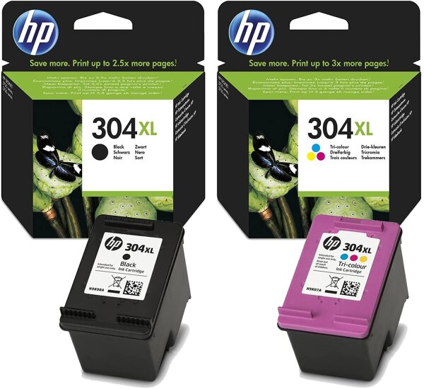 Doppelpack Original-Tintenpatronen HP 304XL, 1 x Schwarz N9K08AE + 1 x Farbe N9K07AE, hohe Leistung.