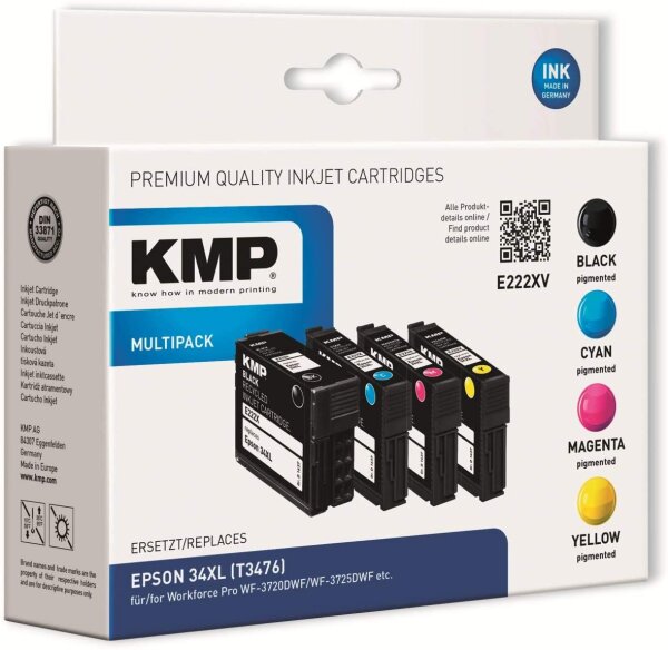 KMP Multipack E222VX schwarz, cyan, magenta, gelb Tintenpatronen ersetzen Epson WorkForce 34XL (T3476)