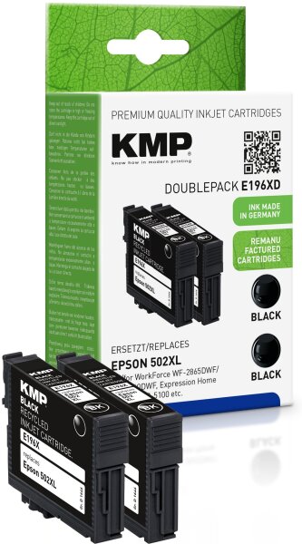 KMP Doublepack E196XD schwarz Tintenpatrone ersetzt Epson WorkForce 502XL (T02W14)