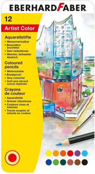Eberhard Faber 516013 - Artist Color Aquarellfarbstifte in 12 Farben, runde Form, mit bruchsicherer Mine, im Metalletui, für modernes Grafikdesign, feine Zeichnungen und farbstarke Aquarelle