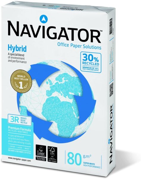 Navigator Hybrid Multifunktionspapier 500 Blatt (1 Packungen à 500 Blatt, 80 g/m², A4) 30% recycelt, weiß