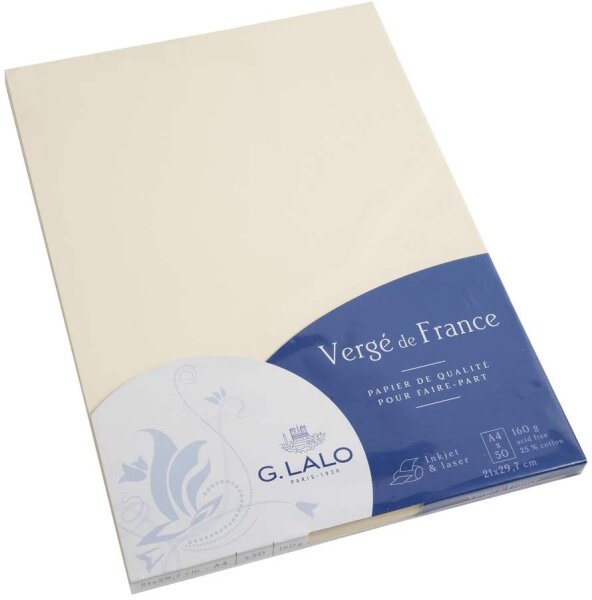 G.Lalo 41416L Papier Vergé de France (160 g, DIN A4, 21 x 29,7 cm, 50 Blatt) elfenbein