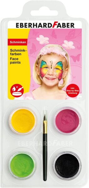 Eberhard Faber 579022 - Schminkfarben-Set Schmetterling mit 4 Farben, Pinsel und Anleitung, wasserlöslich, schnell trocknend, Schmink-Set für Kinder zum Bemalen von Gesichtern