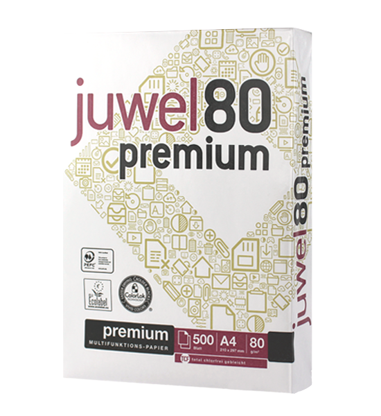 Juwel 80 premium Druckerpapier Din A4, 80g, weiß, 500 Blatt, ideale Laufeigenschaften auf allen Drucker und Kopierern, holzfrei, A4 Paper, geriest, 1 Pack, Office - geeignet, klares weiß