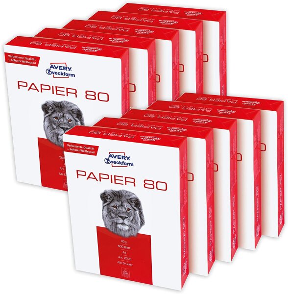 AVERY Zweckform 2575 Druckerpapier, Kopierpapier (5.000 Blatt, 80 g/m², DIN A4 Papier, weiß, für alle Drucker) 2 Boxen mit je 5 Pack