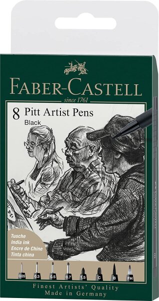 Faber-Castell 167158 - Tuschestift Pitt Artist Pen, Farbe 199, schwarz, XXS, S, F, M, B, C, 1.5, Fude hard, 8er Etui