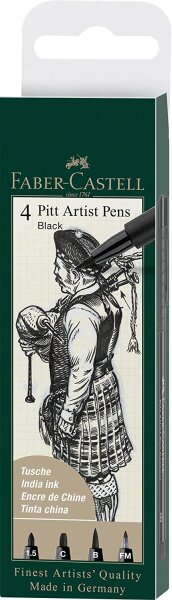 Faber-Castell 167153 - Tuschestift Pitt Artist Pen, Farbe 199, schwarz, 1.5, C, B, Fude Medium, 4er Etui