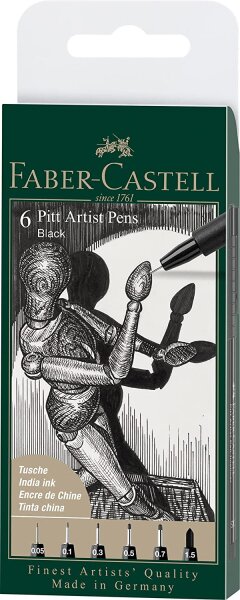 Faber-Castell 167154 - Tuschestift Pitt Artist Pen, Farbe 199, schwarz, XXS, XS, S, F, M, 1.5, 6er Etui