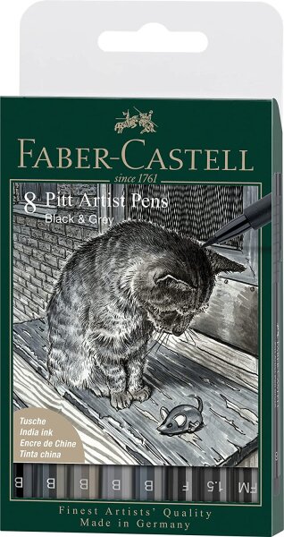 Faber-Castell 167171 - Tuschestift Pitt Artist Pen, Black & Grey, B, F, 1.5, FM, 8er Etui