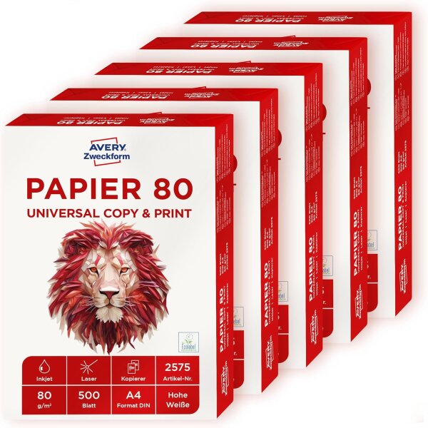 AVERY Zweckform 2575 Drucker-/Kopierpapier (2.500 Blatt, 80 g/m², DIN A4 Papier, für alle Drucker) 1 Box mit 5 Pack, weiß