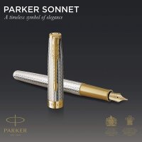 PARKER Sonnet Premium Füllfederhalter, Silver Mistral (Silver Sterling), Goldzierteile, Feine 18K Goldfeder - Geschenkbox