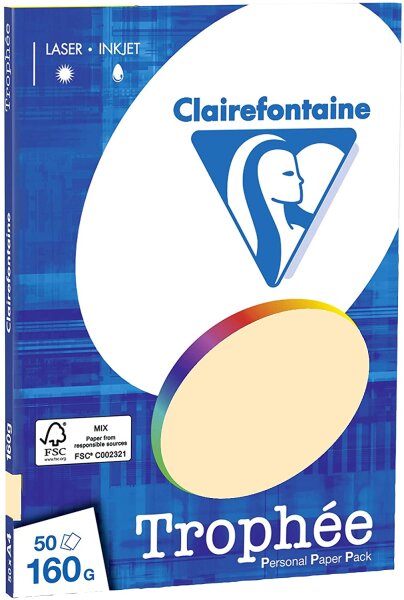 Clairefontaine 4156C Druckerpapier Trophée PPP, für alle Laserdrucker, Kopierer und Tintenstrahldrucker, DIN A4 (21 x 29,7 cm), 160g, 1 Ries mit 50 Blatt, Chamois