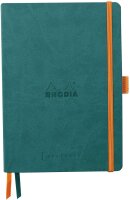 Rhodia 117806C - Notizheft Softcover Rhodiarama Goalbook DIN A5 (14,8x21 cm), 120 Blatt, DOT, 2 Lesezeichenbänder, Gummizugverschluss, Cover aus Kunstleder Pfaugrün, 1 Stück