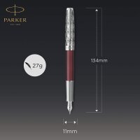 PARKER 2119650 Sonnet Füller | Premium Metal & Red Satinierung mit Chromverkleidung | Feine 18 Karat Goldfeder mit schwarzer Tintenpatrone | Geschenkbox