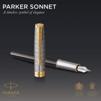 PARKER 2119784 Sonnet Füller | Premium Metal & Black Glanzlack mit Goldbeschichtung | Feine 18 Karat Goldfeder mit schwarzer Tintenpatrone | Geschenkbox