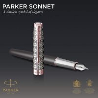 PARKER Sonnet Füller | Premium Metal & Grey Satinierung mit Rotgoldbeschichtung | Feine 18 Karat Goldfeder mit schwarzer Tintenpatrone | Geschenkbox