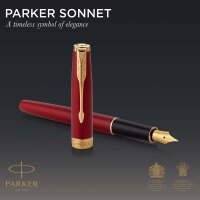 Parker Sonnet Füller | Rote Lackierung mit Goldzierteilen | Füllfederhalter Mittlere Spitze | Geschenkbox