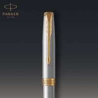 Parker 1931507 Sonnet Kugelschreiber | Edelstahl mit Goldzierteilen | Mittlere Spitze | schwarze Tinte | Geschenkbox, Standard Körper
