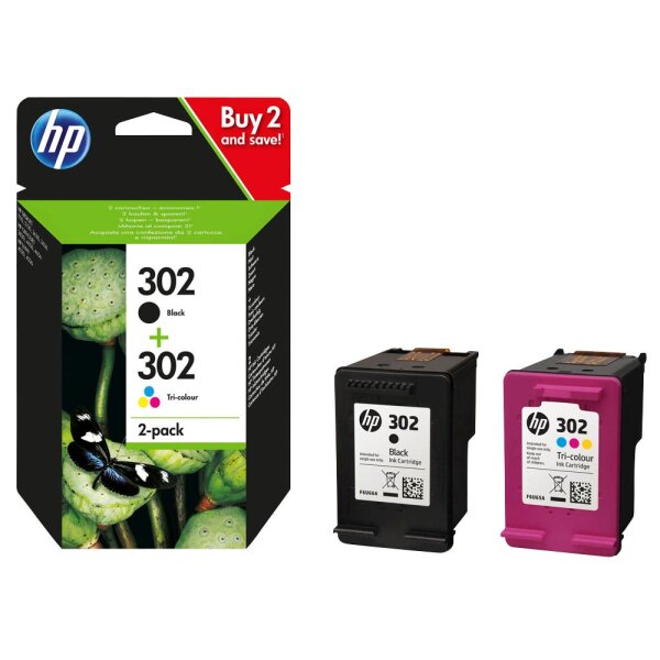 HP 302 (X4D37AE) Multipack Original Druckerpatronen 1xSchwarz, 1x Farbe für HP DeskJet 1110, 213x, 363x, HP ENVY 452x, HP OfficeJet 383x, 465x, 52x