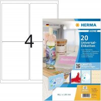 HERMA 12904 Haushalts-Etiketten DIN A4 ablösbar (99,1 x 139 mm, 5 Blatt, Papier, matt) selbstklebend, bedruckbar, abziehbare und wieder haftende Universal Aufkleber, 20 Klebeetiketten, weiß
