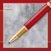 Parker 2143647 IM Rollerball Tintenroller | Rote Premiumlackierung mit goldenen Zierteilen | Feine Schreibspitze mit schwarzer Nachfüllmine | Geschenkbox