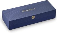 Waterman Carène Black Sea Füller, hochglänzend Schwarz mit Clip aus 23-karätigem Gold, Federstärke M, blaue Tinte, Geschenkbox