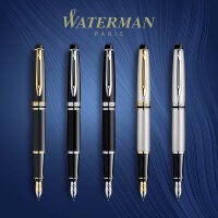 Waterman Expert Füller | Hochglänzend Schwarz mit Zierteile aus 23 K Gold | Füllfederhalter Feine Spitze | Geschenkbox