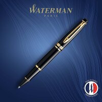Waterman Expert Tintenroller | Hochglänzend Schwarz mit Zierteile aus 23 K Gold| feine Spitze | Schwarz | Geschenkbox