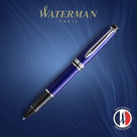 Waterman Expert Rollerball, blau mit Chromzierteilen, feine Schreibspitze, schwarze Tinte, Geschenkbox
