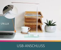 Unilux LED Schreibtischlampe Popy 6W Tischlampe mit Glassockel, dimmbar, USB-Anschluss für Büro, Smartphone Aufladung, weiß, 35 x 30 x 11cm [Energieklasse F]