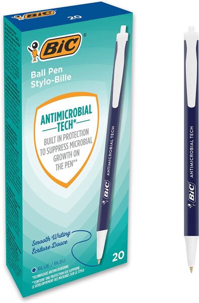 BIC 500462 Kugelschreiber Antimicrobial Tech, Stifte in Blau, Strichstärke 0.4 mm, 20er Pack, Ideal als Krankenschwester Zubehör