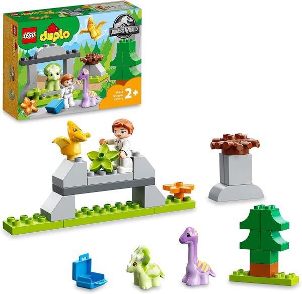LEGO 10938 DUPLO Jurassic World Dinosaurier Kindergarten mit Baby Dino Figuren und Triceratops, Spielzeug und Steine für Kleinkinder, Mädchen und Jungen ab 2 Jahre
