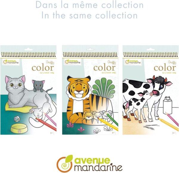 Avenue Mandarine ‎GY104C - Malblock Graffy Color, Zeichenpapier 120g, mikroperforiert, 2 x 12 Designs = 24 Blatt, geeignet für Kinder ab 3 Jahren, 1 Stück, Mutter/Kind Farmtiere