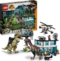 LEGO 76949 Jurassic World Giganotosaurus & Therizinosaurus Angriff, Dinosaurier Spielzeug mit Hubschrauber, Garage, Auto und 2 Dino Figuren