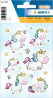 HERMA 15402 Jewel Sticker für Kinder, Einhorn Sternenstaub (16 Aufkleber, Folie, glitzernd) selbstklebend, permanent haftende Motiv Etiketten für Mädchen und Jungen, bunt