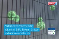 tesa Pollenschutzgitter - zuschneidbarer, transparenter Pollenschutz für Allergiker - für nach innen öffnende Fenster - inkl. selbstklebendem Klettband - Anthrazit - 120 cm x 240 cm
