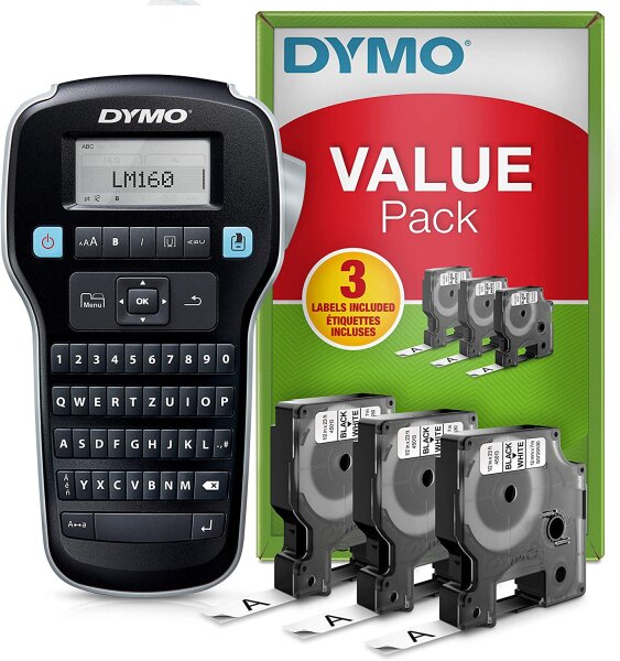 DYMO LabelManager 160 Tragbares Beschriftungsgerät Starter-Set | Etikettiergerät mit QWERTZ Tastatur & Einfache Textbearbeitung | mit 3 Rollen | für D1 Etiketten in 6, 9 und 12mm Breite