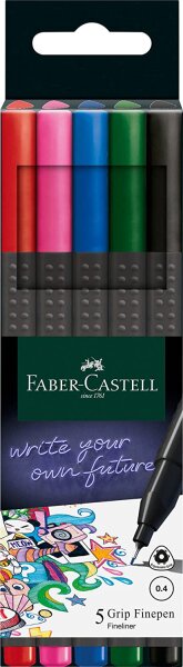Faber-Castell 151604 - Grip Finepen, Fineliner basic, mit metallgefasster Fasterspitze 0.4 mm, 5er Etui