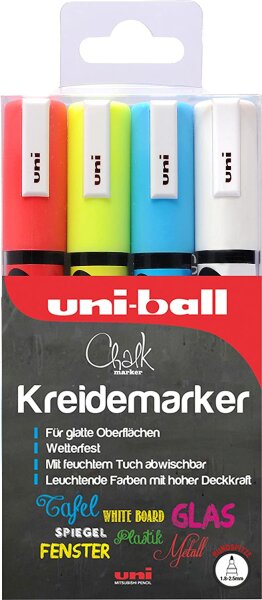 uni-ball 186204 - Fenster- & Kreidemarker UNI CHALK PWE-5M, 1,8 - 2,5 mm, Rundspitze, 4er Set, sortiert