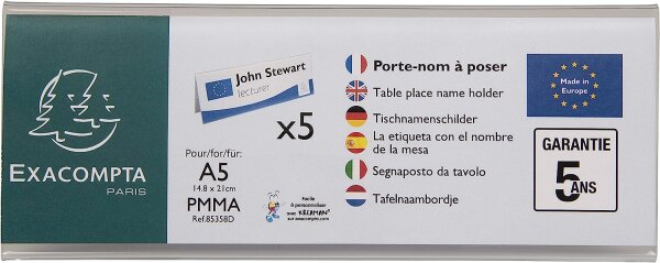 Exacompta 85358D 5er Pack Tisch-Namensschilder Querformat DIN A5 gefaltet aus hochwertigem Acryl beidseitig verwendbar UV beständig 21,0x7,5 cm Tischaufsteller Tischschild transparent