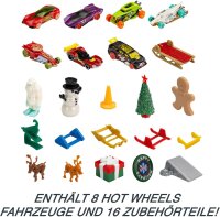 Hot Wheels Adventskalender, 8 Hot Wheels Spielzeugautos mit Feiertagsmotiven und diversem Zubehör mit Spielmatte, Geschenk & Spielzeug für Kinder ab 3 Jahren, HCW15